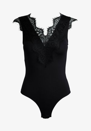 Black bodysuit featuring a deep V-neckline adorned with lace detailing and frayed accents around the shoulders and torso.