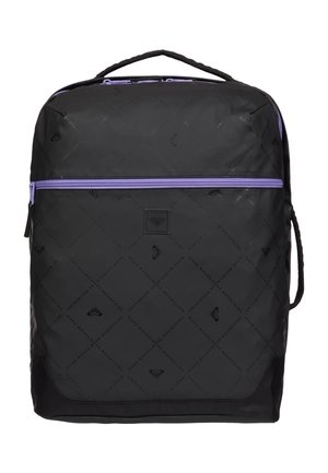 Black square backpack with subtle pattern, purple zipper across front pocket, and top handle against white background.