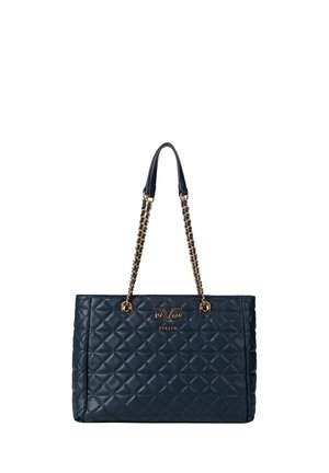 Marineblaue gesteppte Leder-Tasche mit goldener Kette und Ledergriffen, mit dem Logo „19V69 Italia“ in Gold auf der Vorderseite.