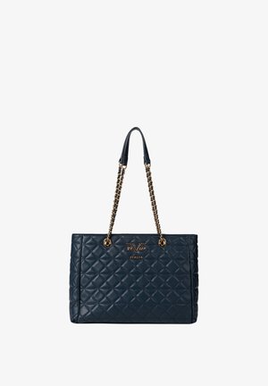 Marineblauwe gewatteerde leren tote bag met gouden ketting en leren handvatten, voorzien van het logo "19V69 Italia" in goud aan de voorkant.
