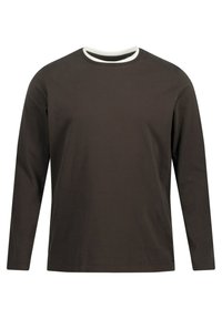 T-shirt marrone a maniche lunghe con scollatura rotonda, dotato di un colletto interno bianco. Realizzato in tessuto liscio, non presenta pattern né decorazioni.