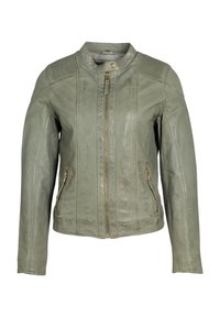 Giacca in pelle verde con chiusura a zip, colletto rialzato, inserti a coste sulle spalle e due tasche anteriori con zip. Texture liscia e design aderente.