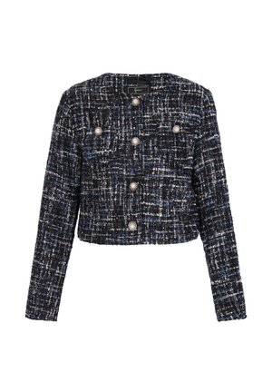 Kurtka tweedowa w kolorze czarnym z niebieskimi i białymi nitkami. Charakteryzuje się krótkim fasonem, okrągłym dekoltem oraz pięcioma wyraźnymi srebrnymi guzikami.