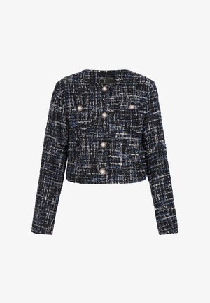 Tweedjakke i sort med blå og hvide tråde. Den har et cropped design, rund halsudskæring og fem fremtrædende sølvknapper.