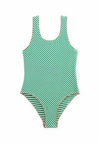 Maillot de bain une pièce à carreaux verts avec un d�écolleté en scoop et des détails en orange. Le tissu a une texture lisse et extensible.