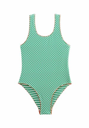 Maillot de bain une pièce à carreaux verts avec un décolleté en scoop et des détails en orange. Le tissu a une texture lisse et extensible.