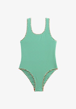 Maillot de bain une pièce à carreaux verts avec un décolleté en scoop et des détails en orange. Le tissu a une texture lisse et extensible.