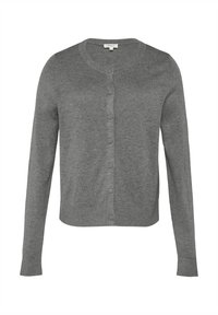 Grauer Cardigan aus weichem Strickmaterial, mit einem runden Halsausschnitt, langen Ärmeln und einer Knopfleiste auf der Vorderseite.
