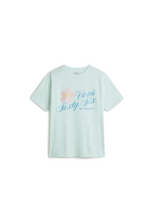Mintgrön bomullströja med en rosa blommig grafisk design och blå text, "Vans Sixty Six," med "OFF THE WALL" i mindre teckensnitt.