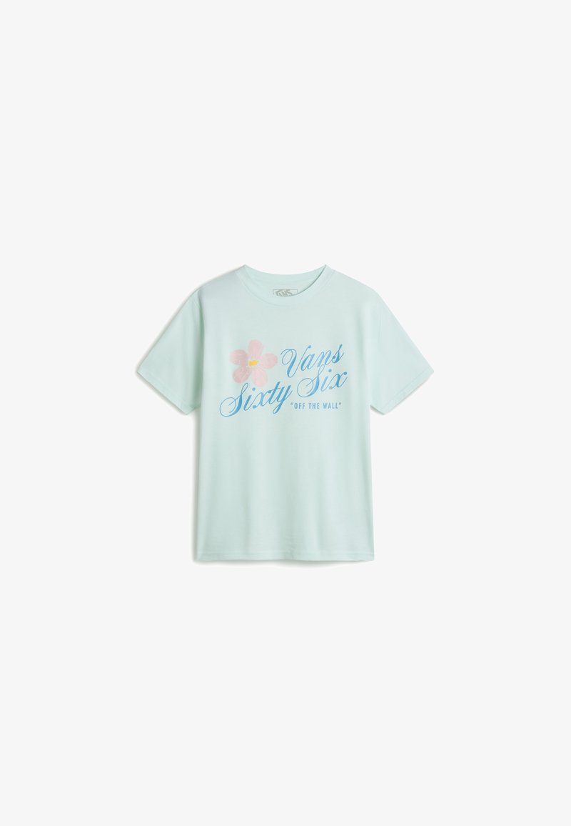 Mintgrøn bomulds-t-shirt med et lyserødt blomstertryk og blå tekst, "Vans Sixty Six," med "OFF THE WALL" i mindre skrift.