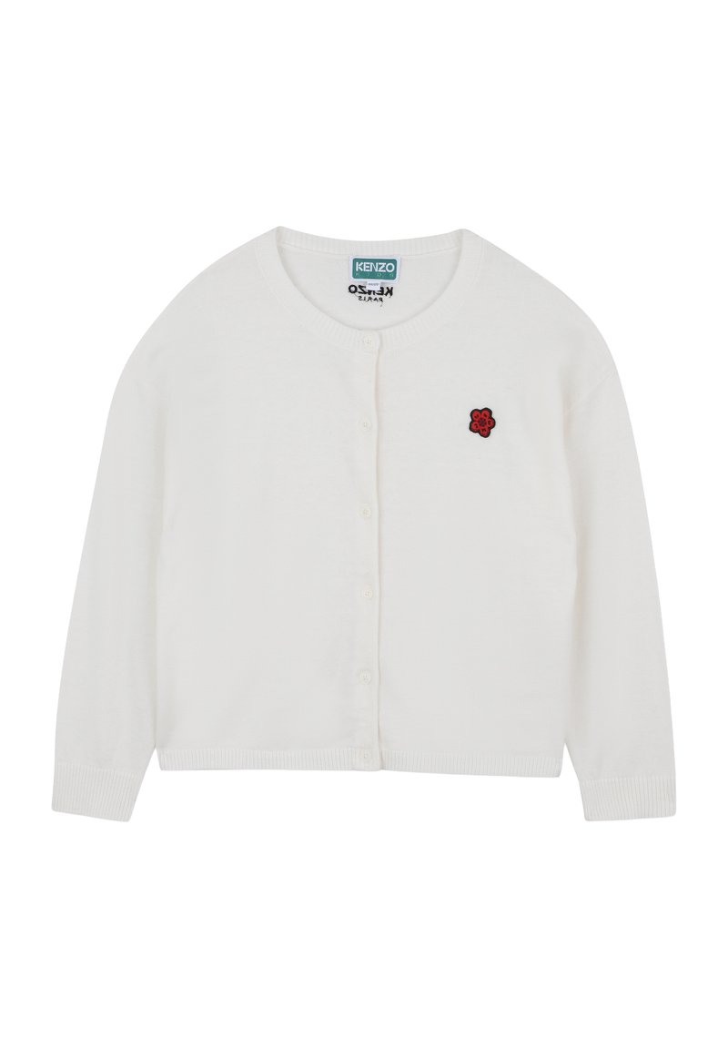 White cardigan made of soft fabric, featuring long sleeves, a round neckline, and a red embroidered flower detail on the left chest.
