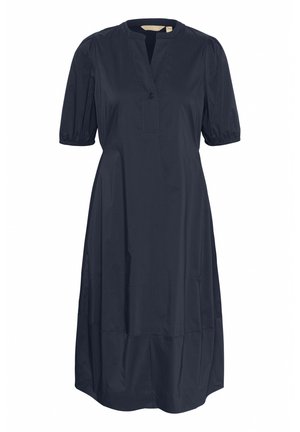 Mornarsko modra obleka z udobnim krojem, kratkimi napihnjenimi rokavi, V-izrezom in z enim gumbom za zapenjanje. Gladka tkanina s krilom do kolen.