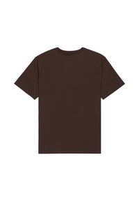Hnědé tričko s krátkým rukávem a kulatým výstřihem, vyrobené z bavlny. Hladká textura, jednoduchý design, bez dalších vzorů nebo akcentů.