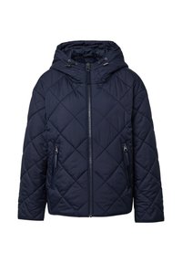 Marineblauwe gewatteerde jas met een capuchon, voorrits en zijsierdockets. Kenmerkt zich door een ruitpatroon en een licht glanzende textuur.