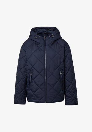 Marineblau gesteppte Jacke mit Kapuze, Frontreißverschluss und seitlichen Reißverschlusstaschen. Verfügt über ein Rautenmuster und eine leicht glänzende Textur.