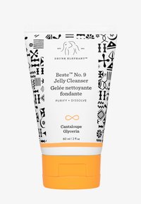 White tube with black geometric patterns and an orange bottom. Text includes "Beste No. 9 Jelly Cleanser" and "Cantaloupe Glycerin." 60ml.