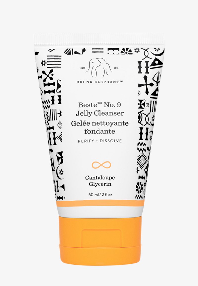White tube with black geometric patterns and an orange bottom. Text includes "Beste No. 9 Jelly Cleanser" and "Cantaloupe Glycerin." 60ml.