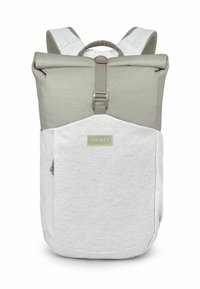 Zaino Osprey con design a ripiegamento, parte superiore in tessuto grigio e sezione inferiore grigio chiaro testurizzato. Presenta una tasca frontale e spallacci regolabili.