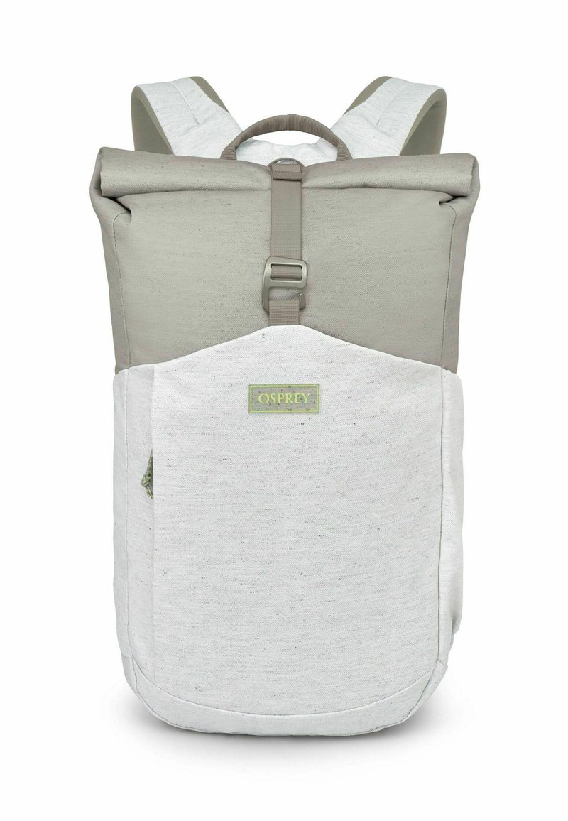 Zaino Osprey con design a ripiegamento, parte superiore in tessuto grigio e sezione inferiore grigio chiaro testurizzato. Presenta una tasca frontale e spallacci regolabili.