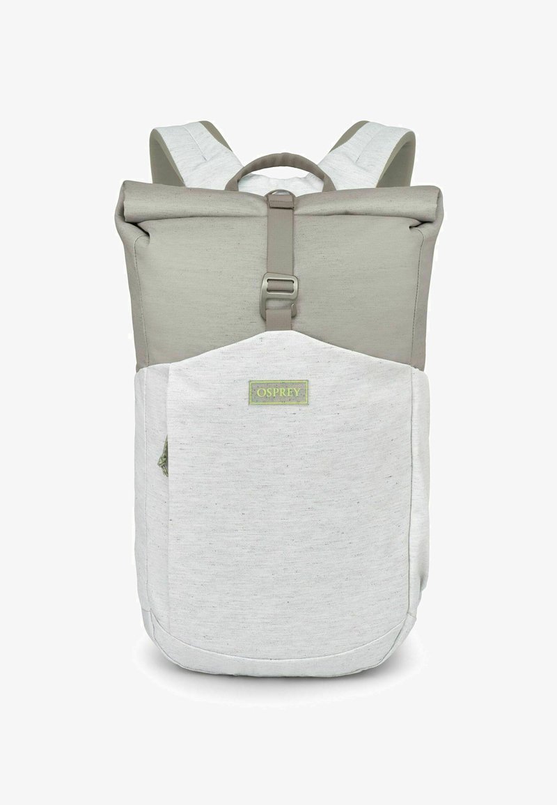 Osprey backpack with a roll-top design, gray fabric upper, and light gray textured lower section. Features a front pocket and adjustable straps.