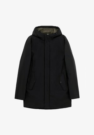 Parka invernale nera con cappuccio, dotata di chiusura a zip frontale, due tasche laterali e una texture liscia. La fodera interna è di colore verde oliva.