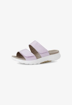 Light purple sandals with two wide straps and a white, flexible outsole. Textured material and a cushioned insole for comfort.