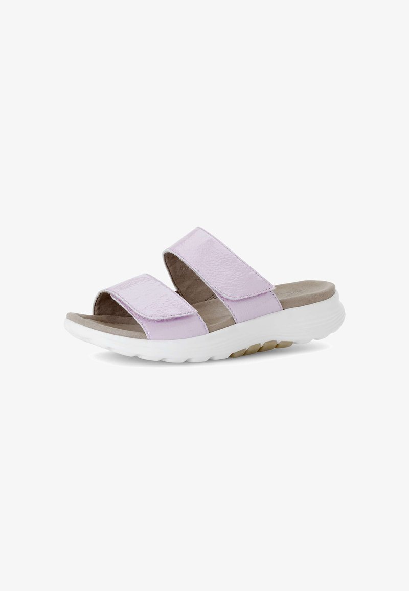 Licht paarse sandalen met twee brede banden en een witte, flexibele loopzool. Textuurmateriaal en een gevoerde inlegzool voor comfort.