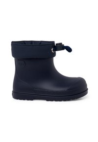 Stivale da pioggia in gomma blu navy con un polsino imbottito e pieghevole e chiusura a toggle. Presenta una suola testurizzata per una migliore aderenza e una finitura liscia.
