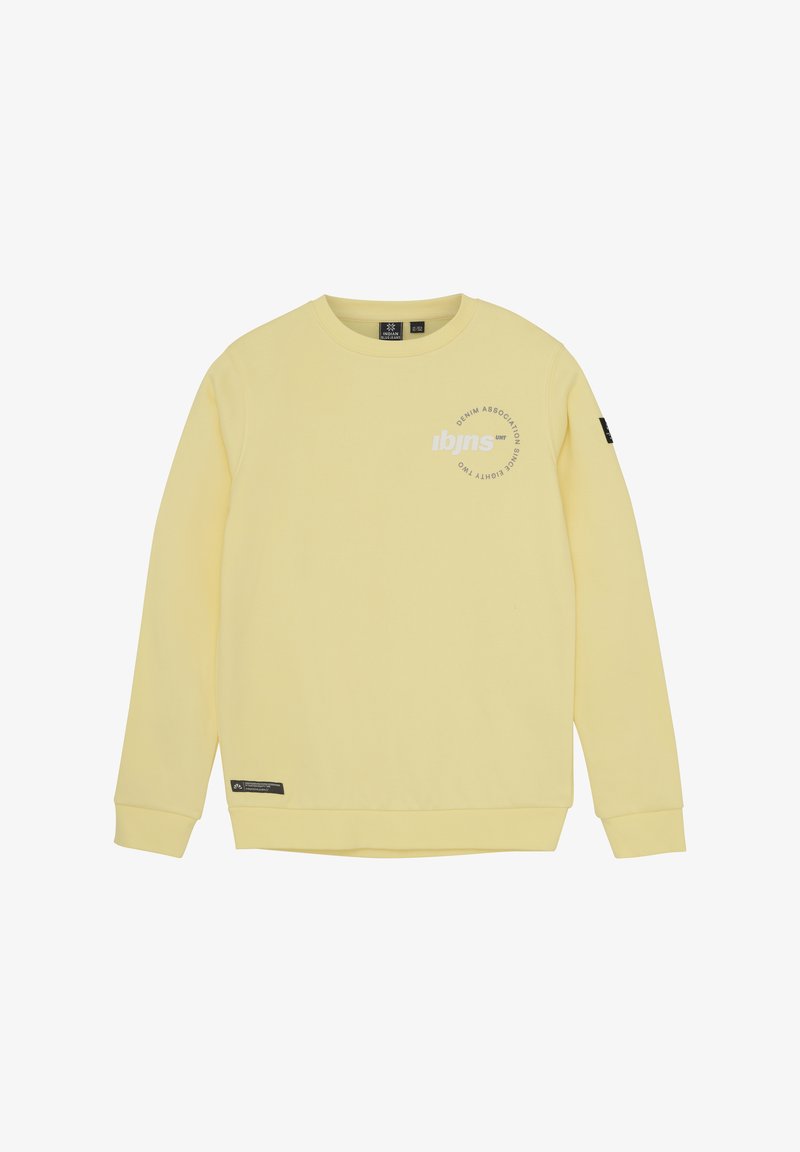 Gelbes Sweatshirt mit langen Ärmeln, Rundhalsausschnitt und grafischem Text auf der Vorderseite. Verfügt über ein Markenetikett am unteren Saum. Weiche Textur.