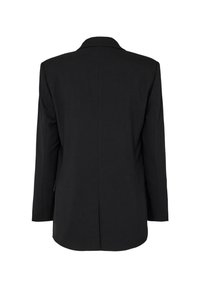 Černý blazer se strukturovaným límcem, dlouhými rukávy a rovný střihem. Hladký materiál bez viditelných vzorů nebo kovových detailů.