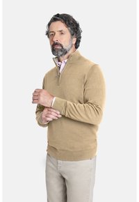 Suéter de cuello con cremallera en color beige, hecho de una tela suave, con puños y dobladillo acanalados, llevado sobre una camisa de color rosa claro con cuello, exhibido sobre un fondo neutro.