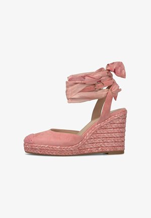 Rosa Velours-Keil-Espadrille mit geflochtener Schnursohle und Schnürung am Knöchel mit Schnallenverschluss.