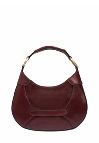 Bordeaux læder håndtaske med en buet form, der har syet detaljer og et kort håndtag med guldfinisher.