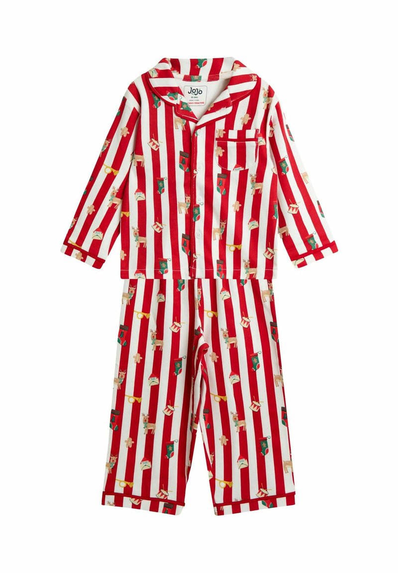 Punavalkoraidallinen lasten pyjamasetti, jossa on jouluteemaisia kuvioita kuten poroja, sukkia ja piparkakkuja pehmeällä kankaalla.