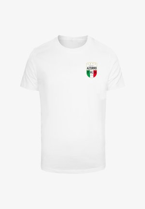 White cotton t-shirt featuring a shield logo with red, green, and white sections and the text "AZZURRO ITALIA" in black. Short sleeves.