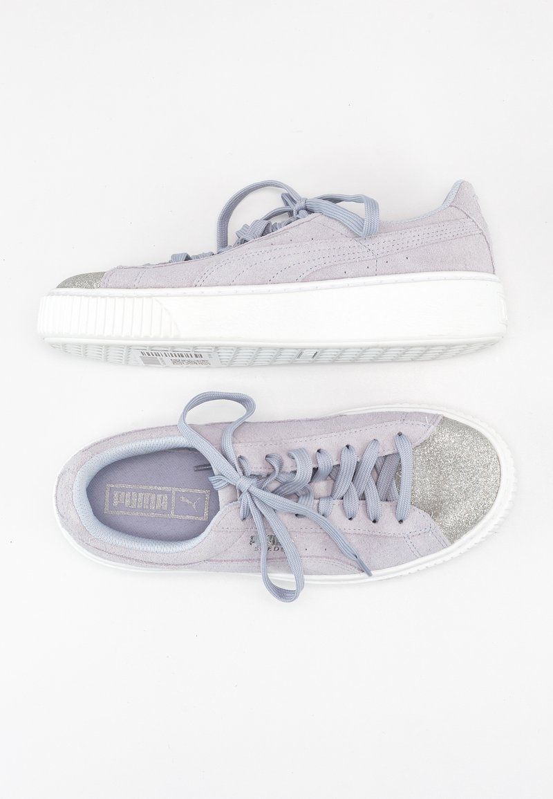 Light purple suede sneakers with a glittery silver toe cap, white rubber sole, and tonal laces; smooth texture and low-profile design.