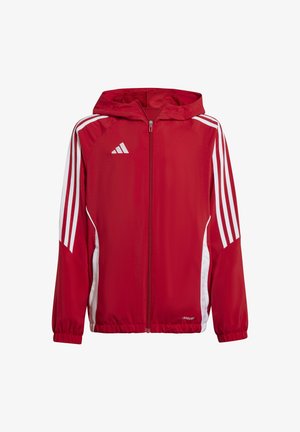 Veste légère rouge avec fermeture éclair à l'avant, capuche et bandes blanches sur les côtés. Équipée de poignets et d'un ourlet élastiques, fabriquée en tissu lisse.