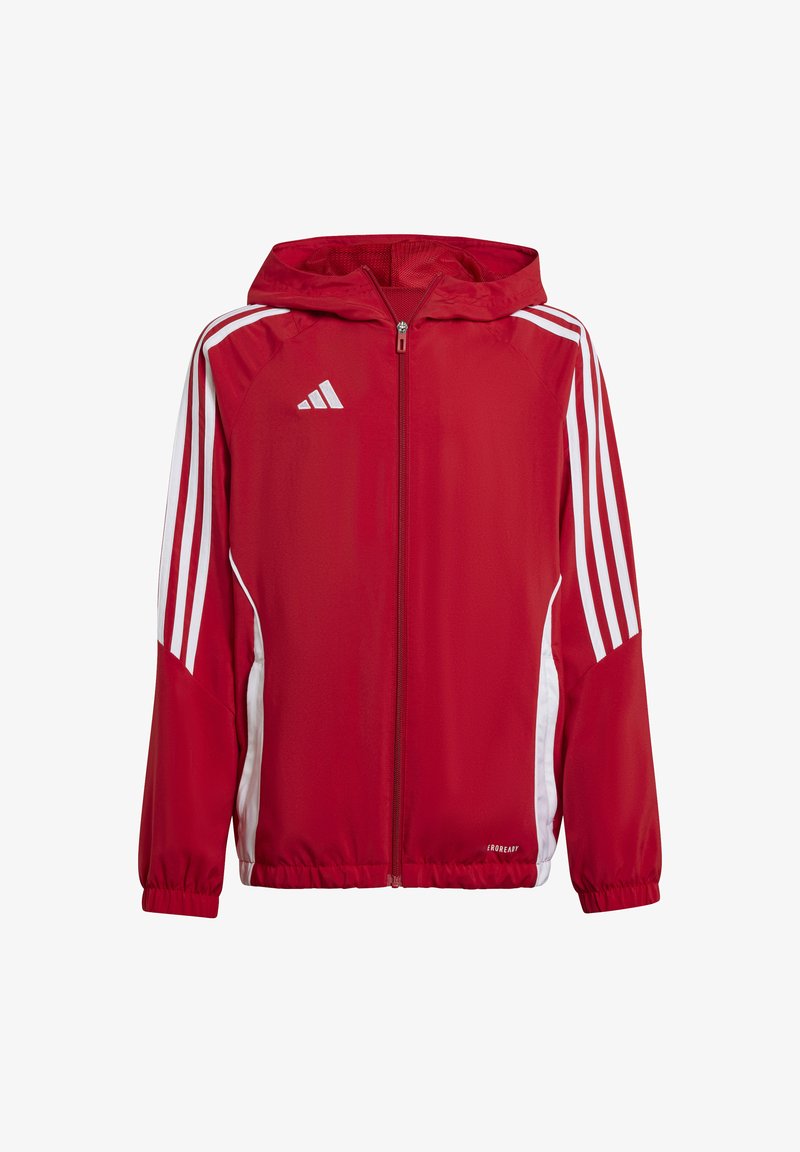 Red lightweight jacket with a zip front, hood, and white side stripes. Features elastic cuffs and hem, made from smooth fabric.