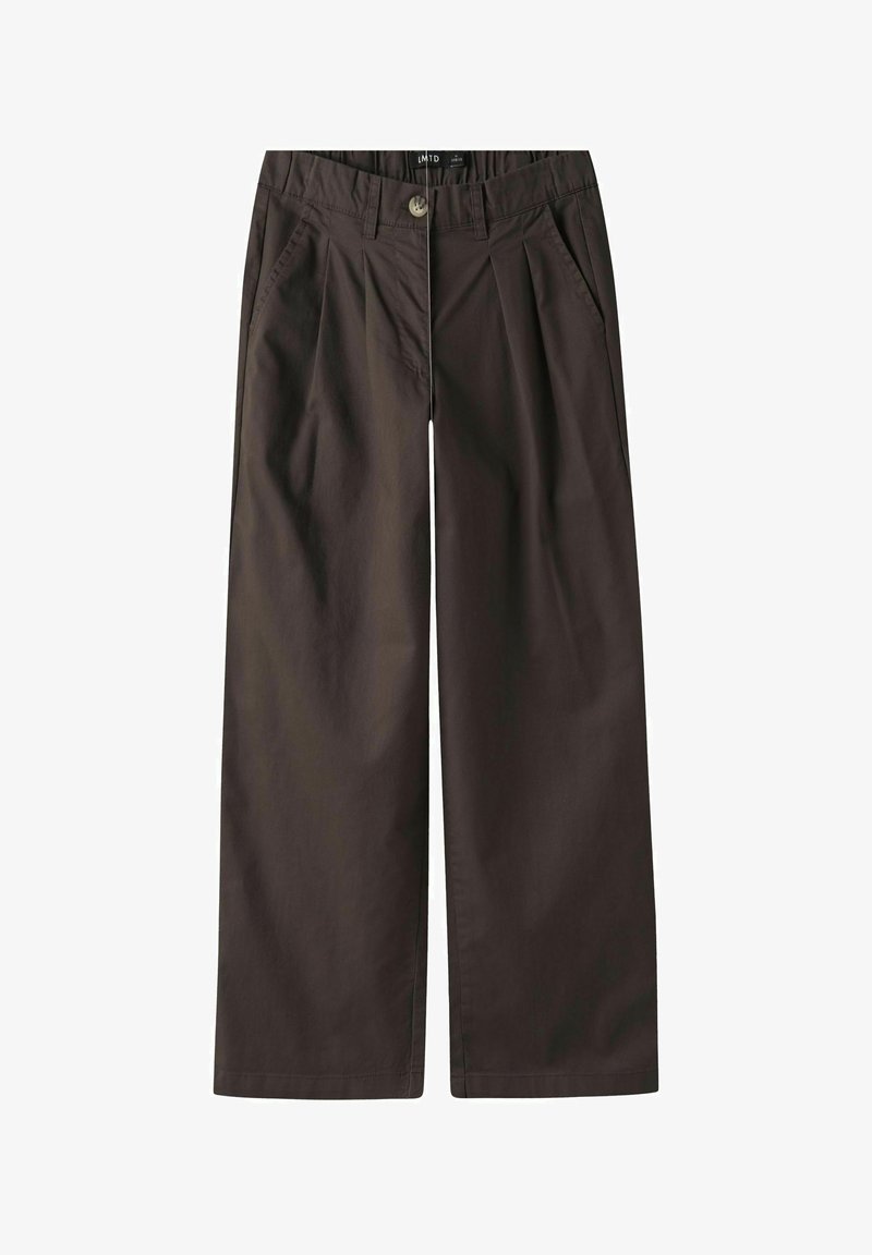 Pantaloni beige a gamba larga con pieghe, realizzati in tessuto liscio. Presentano un bottone di chiusura e due tasche laterali.