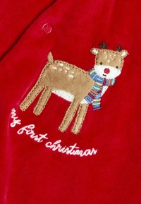 Roter Stoff mit einem gestickten Rentier in Beige, das einen mehrfarbigen Schal trägt. Darunter steht in Weiß "mein erstes Weihnachten".