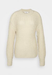 Hellbeige gestrickter Pullover mit Rundhalsausschnitt, der über eine lockere Webstruktur, lange Ärmel und gerippte Bündchen sowie Saum verfügt.