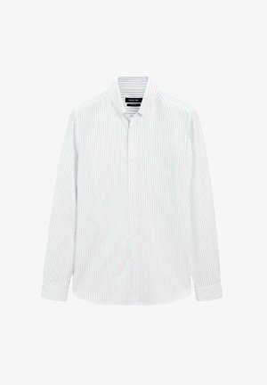 Camicia bianca con righe verticali verde chiaro e blu. Presenta un colletto classico e maniche lunghe con polsini abbottonati.