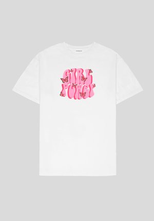T-shirt en coton blanc avec un graphisme "GIRL POWER" rose orné de papillons, à manches courtes et à coupe décontractée.