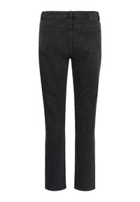 Svarta denimjeans med raka ben, fem fickor och midjeresår. Tyget verkar ha en lätt textur med subtila blekningar.