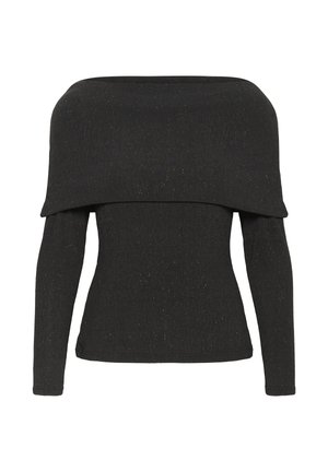 Melna off-the-shoulder ribota adīta džemperis ar garām piedurknēm un smalkām mirdzošām akcentiem visā audumā.