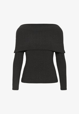 Svart off-shoulder ribbad stickad tröja med långa ärmar och subtila glittrande accenter genom hela tyget.