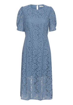 Helesin kleit helesinis värvuses, millel on puhvkäised, lillemuster, ümar kaelus ja nööpkiledega avaus seljal.