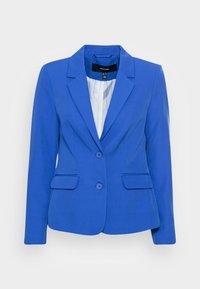 Blazer bleu avec une coupe ajustée, fermeture à un bouton, deux poches latérales et un col cranté. Le tissu semble lisse et structuré.