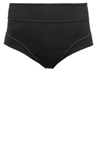 Bikini de tiro alto negro con paneles de malla en la cinturilla y los lados, que muestra un diseño deportivo y transpirable.