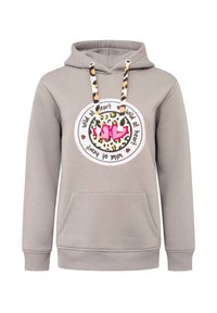 Grauer Hoodie mit einer vorderen Tasche, der ein kreisförmiges Leopardenmuster-Design und den pinken Text "wild at heart" zeigt. Mit Leopardenmuster-Kordeln akzentuiert.